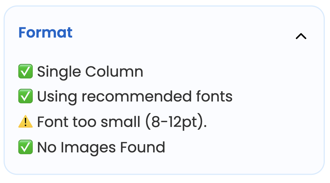 Format section showing checks like single-column layout, recommended fonts, a font-size warning, and whether images were found.